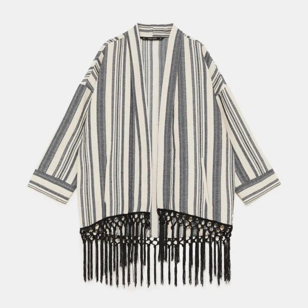 ZARA Ecru Black Stripe Rustic Fringe Tassel Trim Boho Open Front Kimono Size S